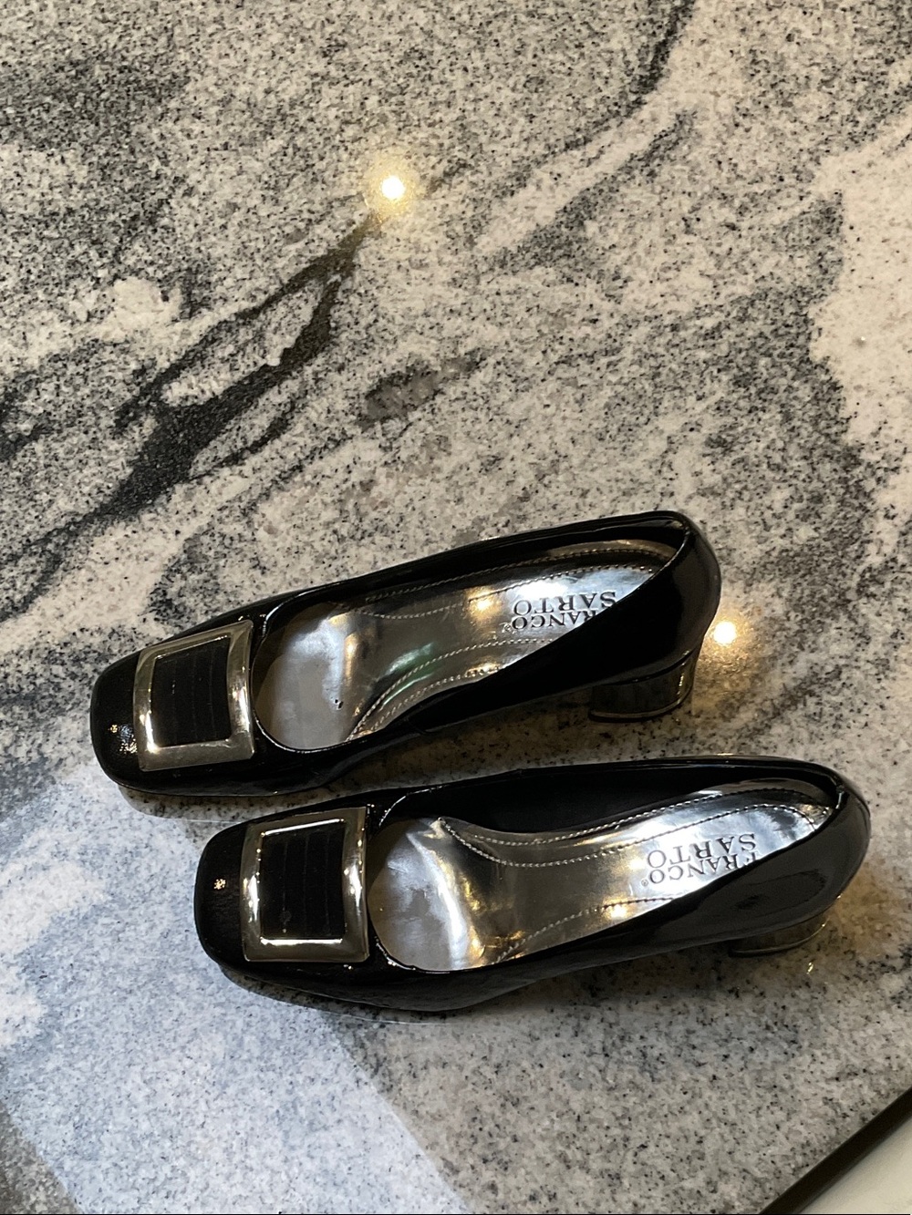 Franco Sarto Black Patent Block Heel Pumps with Silver Buckle